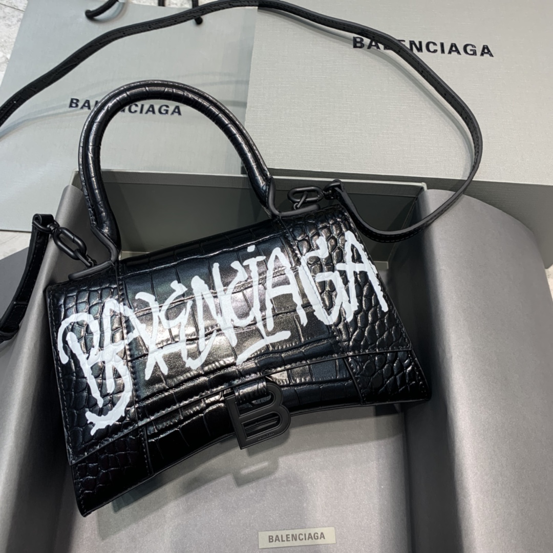 Balenciaga Hourglass Small Handbag Graffiti Shoulder Bag Black